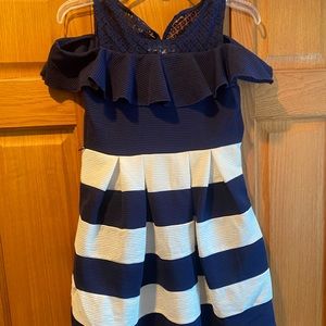 Knitworks Girls blue and white striped dress with lace, off the shoulders dress